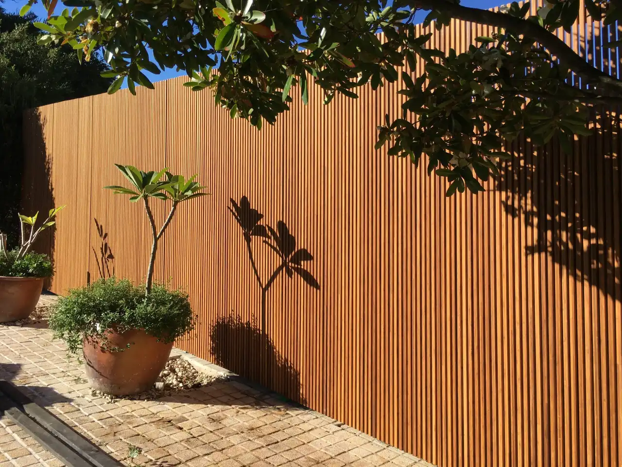 Tall vertical timber slat fence with warm natural stain