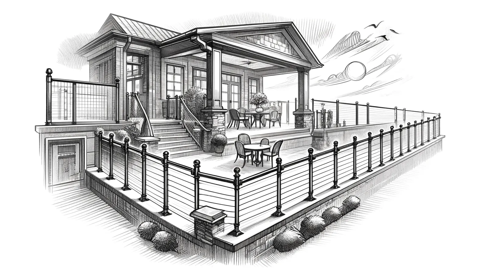 Illustration of a home deck and patio with aluminum railings