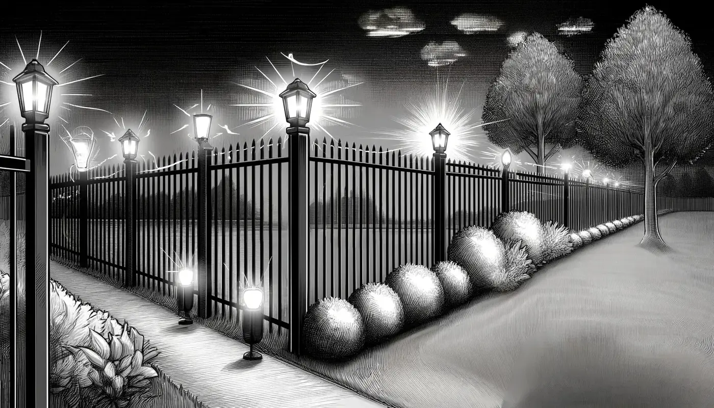 Illustration of an aluminium fence lit at night by lanterns and garden lighting