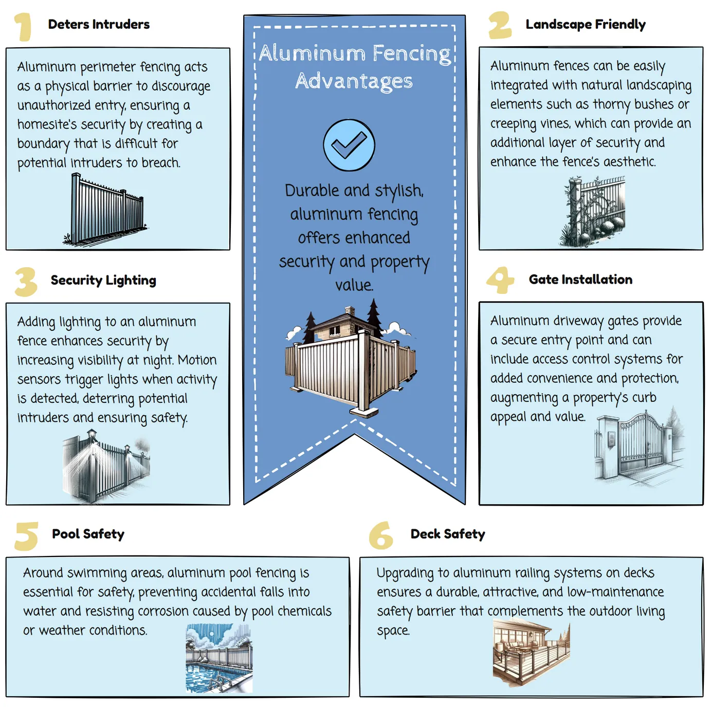 Infographic showing six aluminium fencing advantages including deterring intruders, security lighting and pool safety