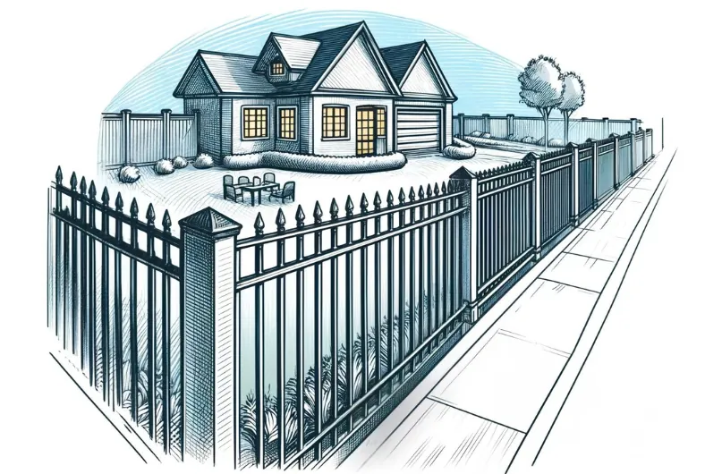 Illustration of a home enclosed by a black aluminium perimeter fence along a footpath