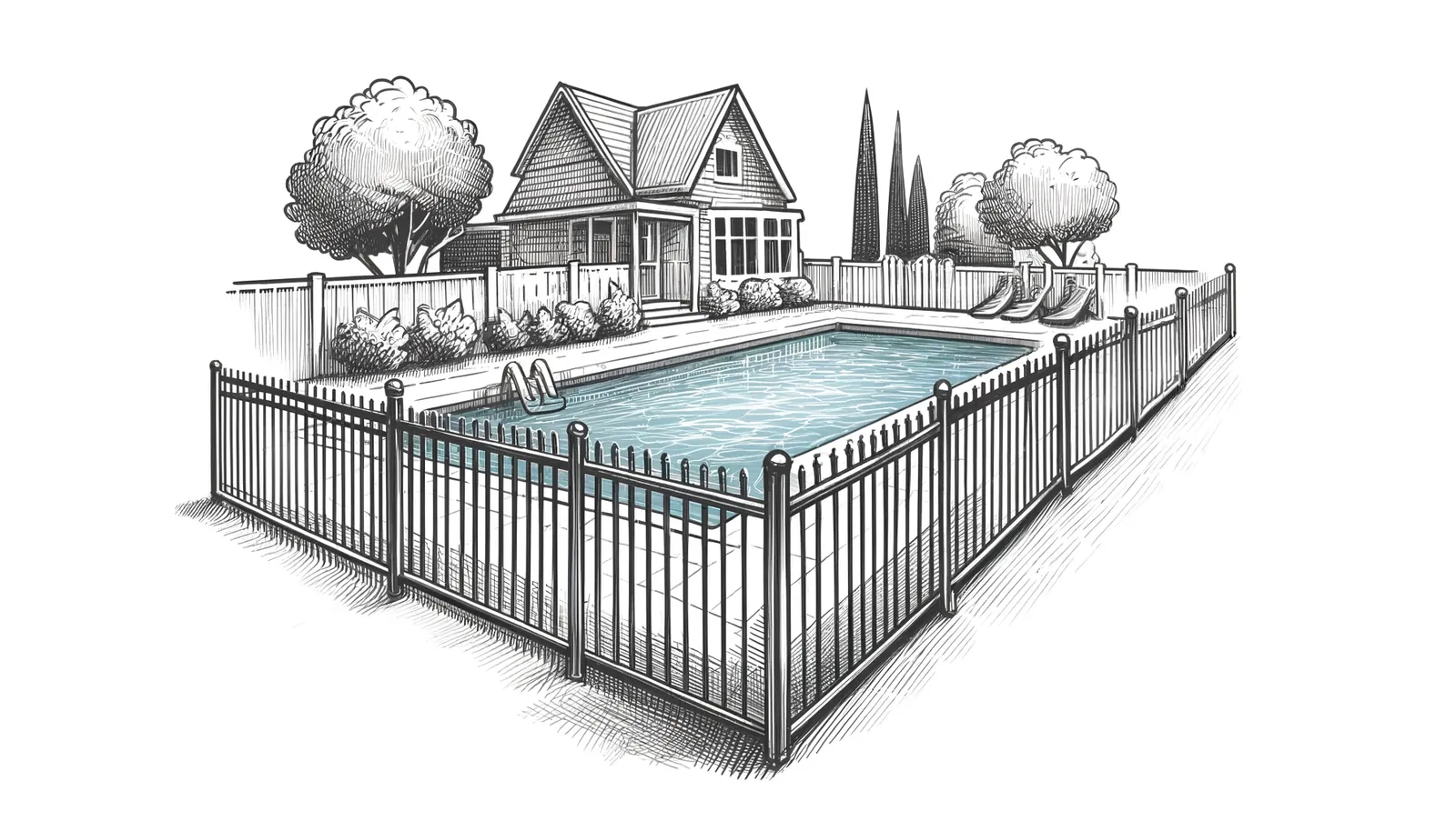 Illustration of a backyard swimming pool enclosed by an aluminium pool fence