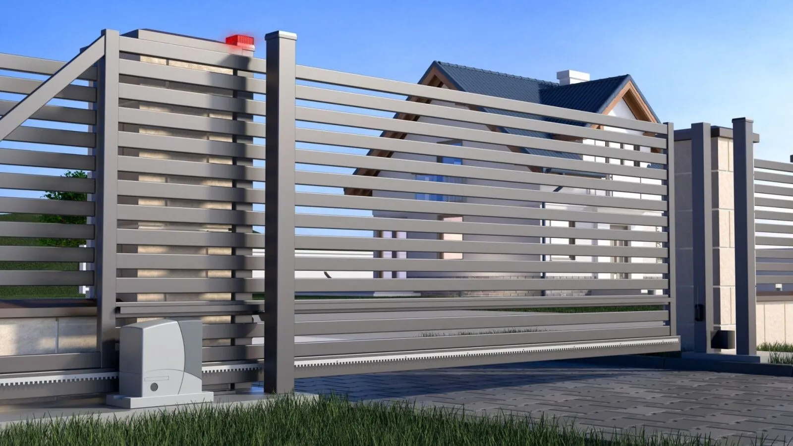 A modern horizontal slat sliding gate with an automatic opener installed at a residential property