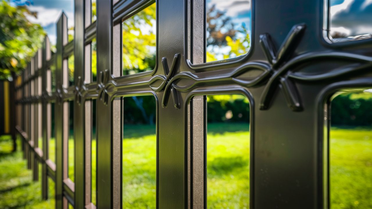 A close-up view of a black PVC fence with decorative star-shaped accents, with a blurred green lawn in the background