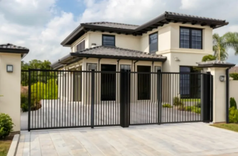 A modern house with a black metal cantilever gate installed across the driveway