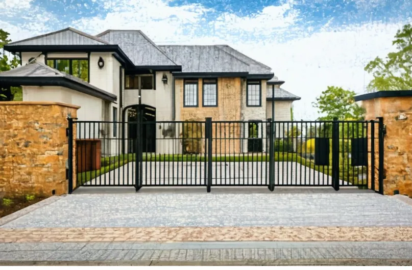 A modern residential property with a black metal cantilever gate installed across the driveway