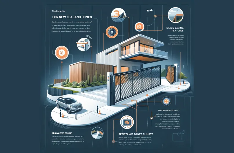 Infographic showing the benefits of cantilever gates for New Zealand homes: space-saving features, automated security, innovative design, and resistance to NZ's climate