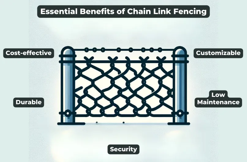 Infographic showing the essential benefits of chain link fencing: cost-effective, durable, secure, customizable and low maintenance