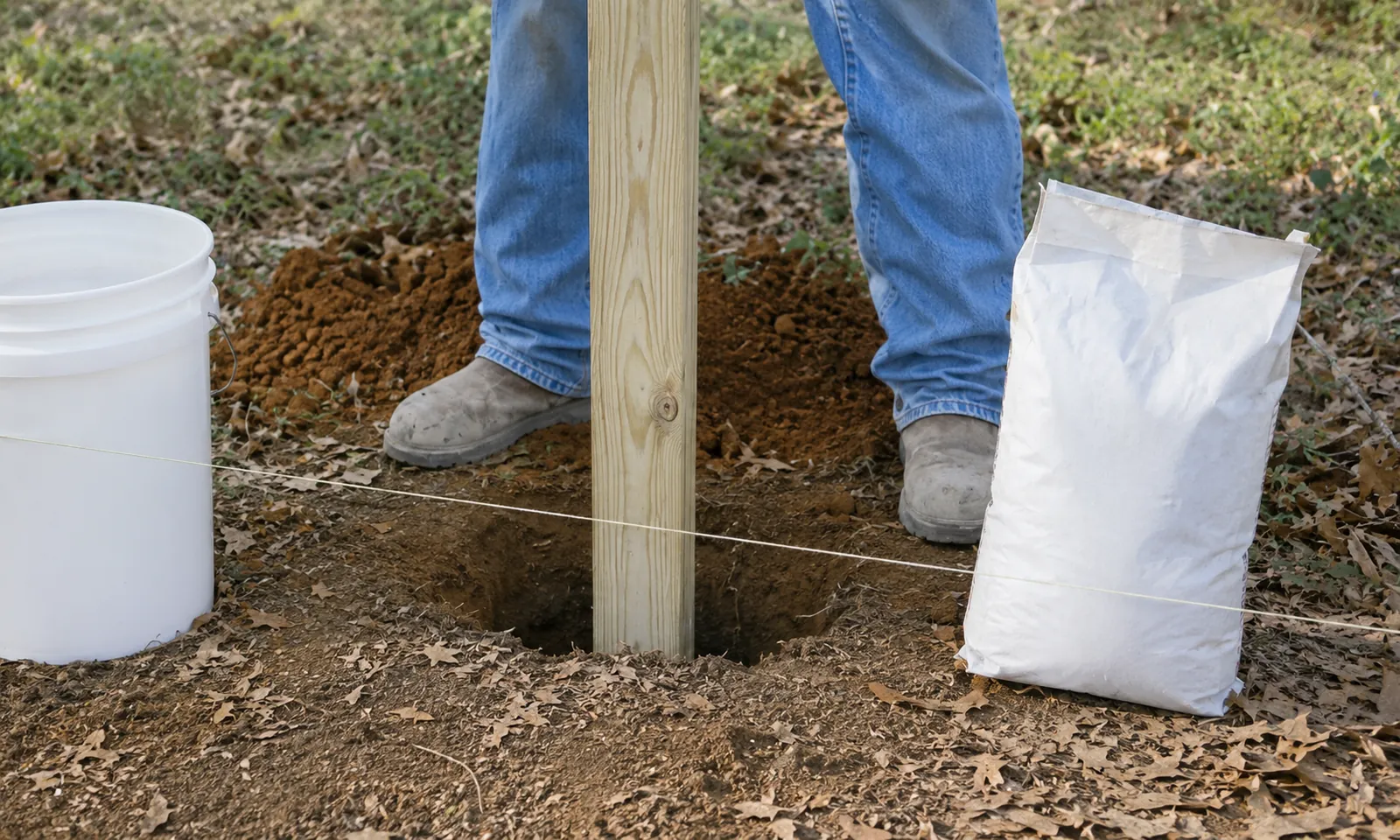 A person standing next to a freshly dug fence post hole with a bag of concrete mix and a bucket beside it