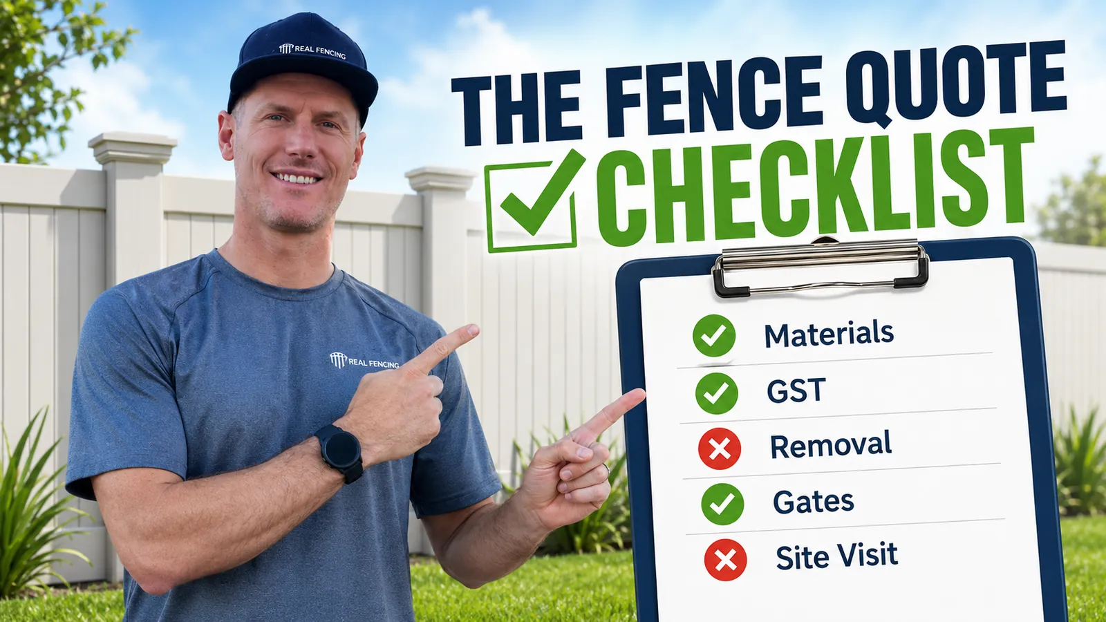 Real Fencing installer pointing to a fence quote checklist showing materials, GST, removal, gates and site visit