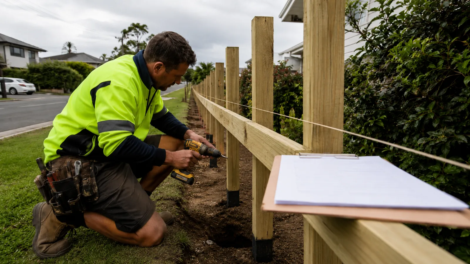 A fencing contractor in a high-visibility vest kneeling and using a drill to install timber fence rails