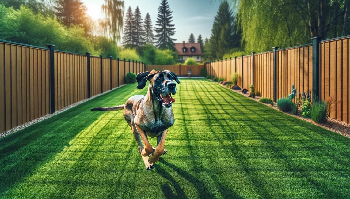 A large dog running in a grassy backyard enclosed by a wooden fence