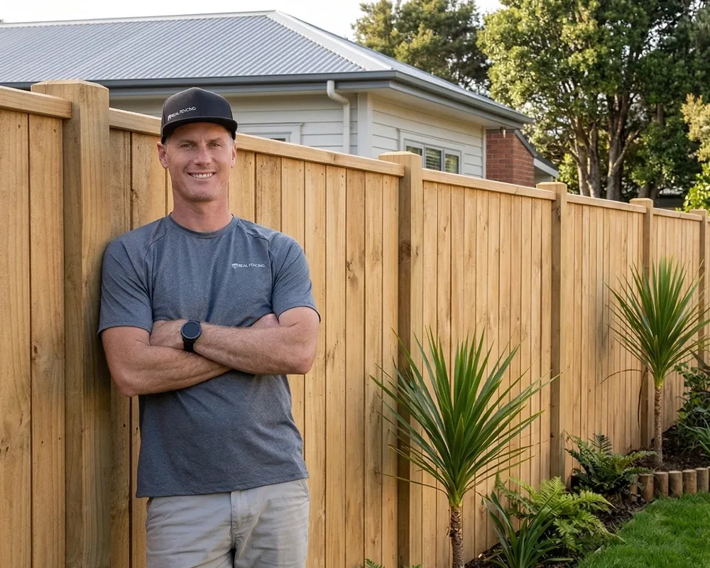 Real Fencing contractor leaning on a completed fence