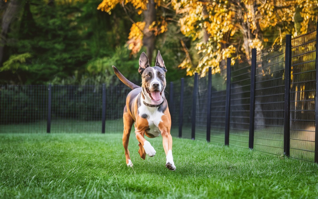 A large dog running in a grassy yard with a mesh fence in the background