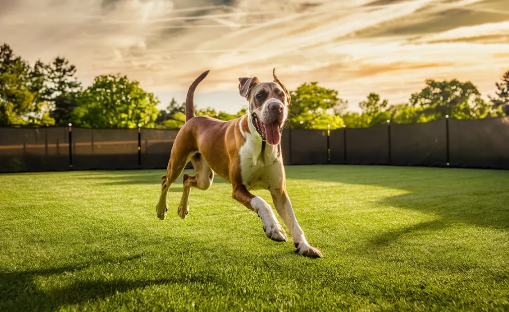 A large dog running across a grassy yard with a fence in the background
