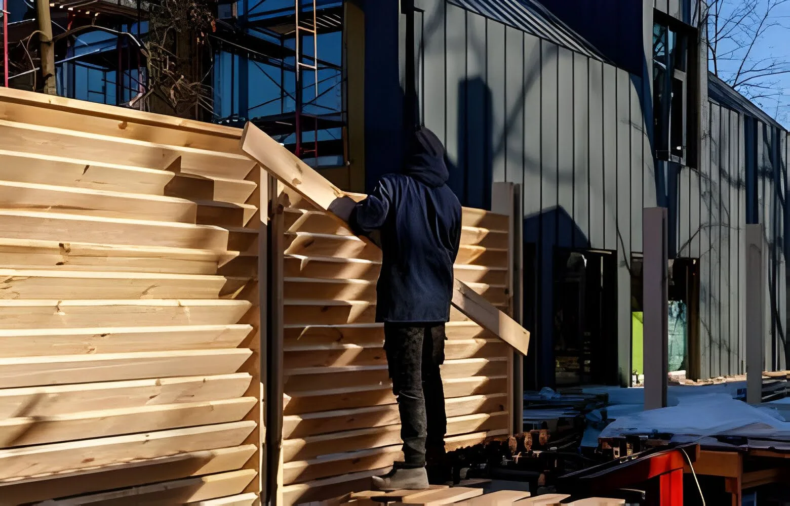 Builder installing angled timber louvre fence slats