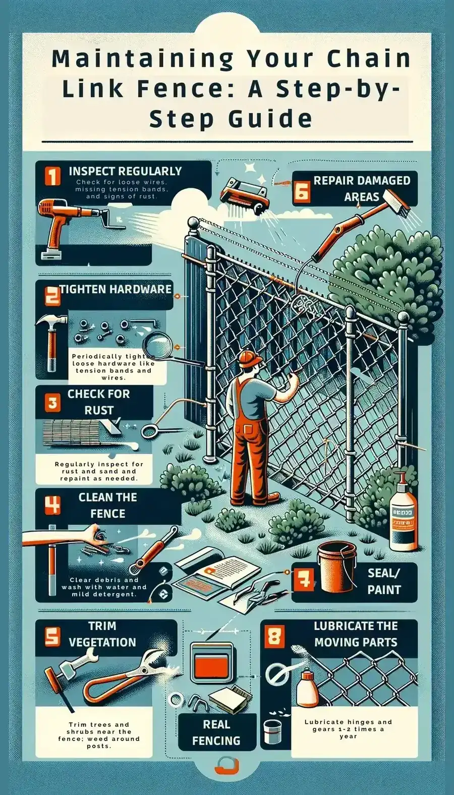 Infographic showing the steps for maintaining a chain link fence: inspect regularly, tighten hardware, check for rust, clean the fence, trim vegetation, repair damaged areas, seal or paint, and lubricate the moving parts