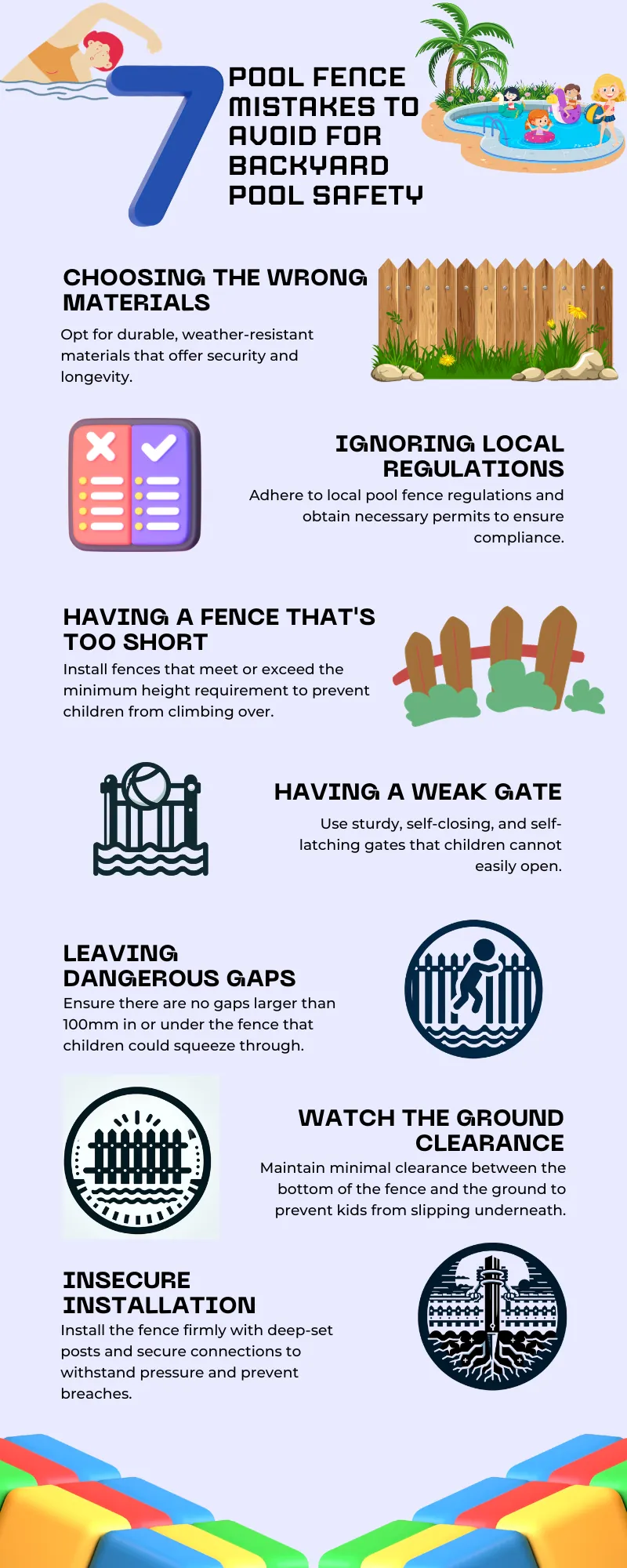 Infographic titled 7 Pool Fence Mistakes to Avoid for Backyard Pool Safety covering materials, regulations, fence height, weak gates, gaps, ground clearance and insecure installation