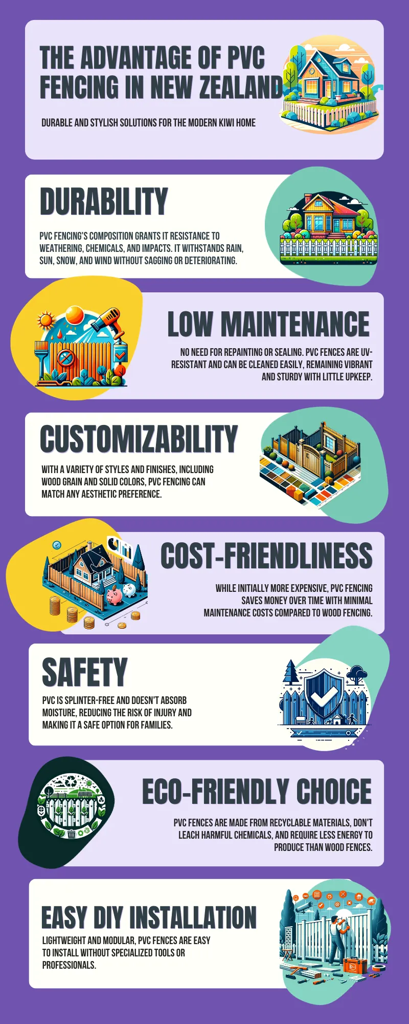 Infographic titled The Advantage of PVC Fencing in New Zealand covering durability, low maintenance, customizability, cost-friendliness, safety, eco-friendliness and easy DIY installation