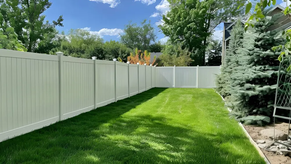 A white PVC fence enclosing a green backyard lawn with trees and shrubs