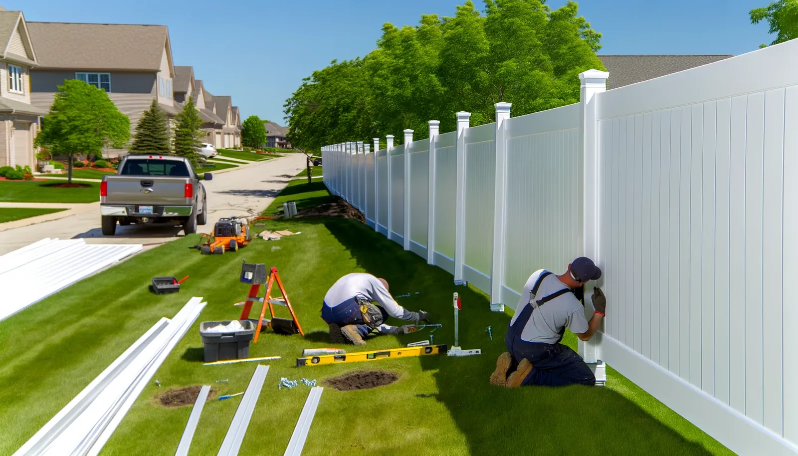 Two installers fitting white PVC fence panels and posts along a suburban property boundary