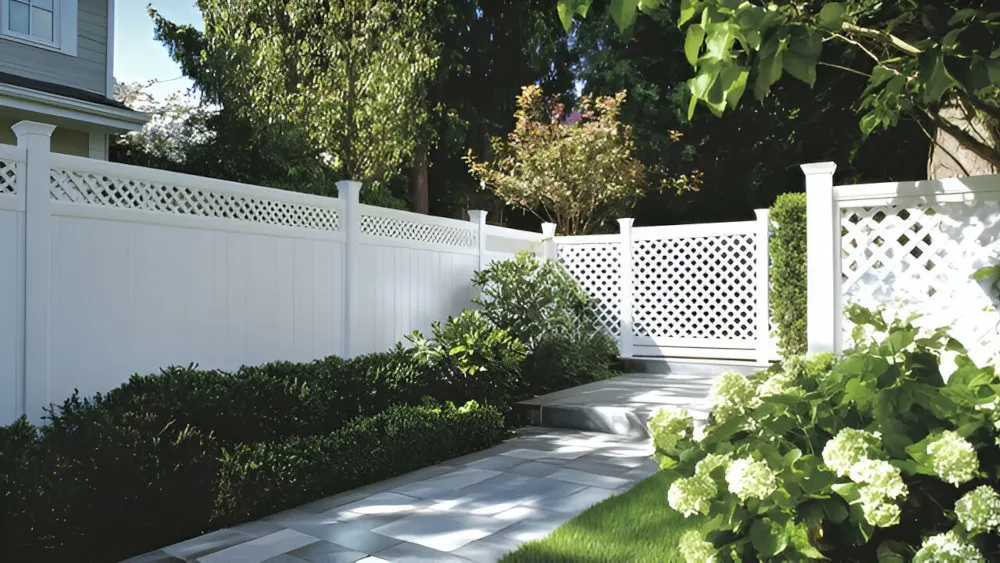 A white PVC fence with lattice top in a garden setting