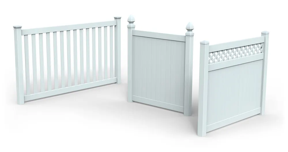 Three white vinyl fence panels of different styles standing on a white background