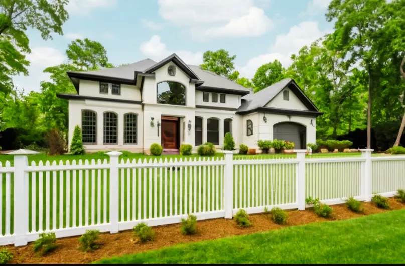 White PVC picket fence in front of a modern two-storey home with landscaped lawn and gardens