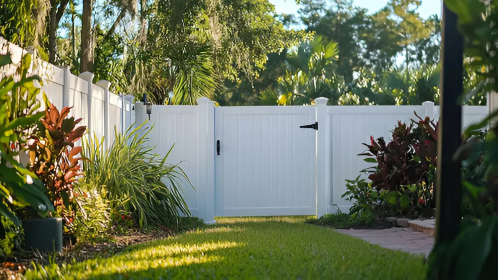 White PVC privacy fence and gate enclosing a sunlit garden with lush planting