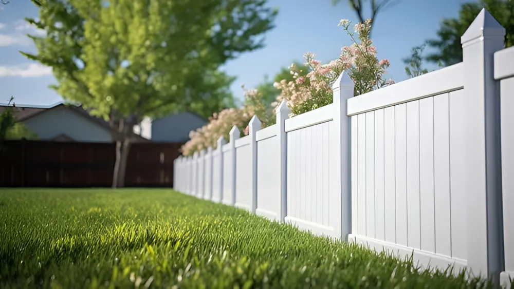 A white PVC privacy fence bordering a green lawn with trees and flowers in the background