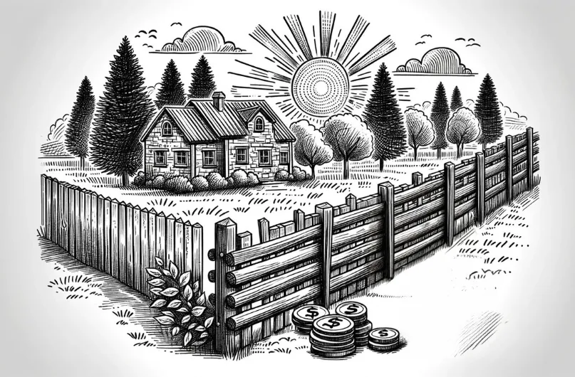 A rural property scene featuring a house, trees and a timber fence with a stack of coins in the foreground