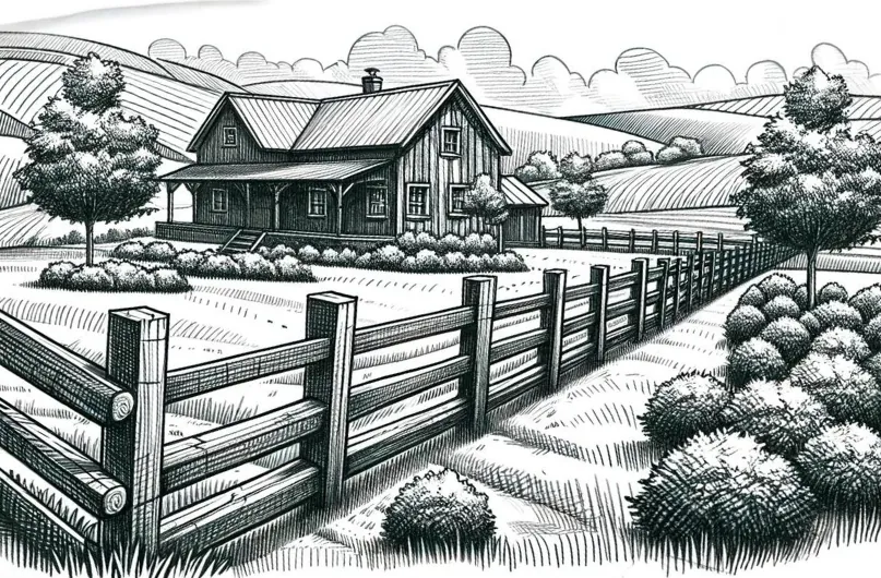 A sketch of a rural house with a wooden fence in the foreground