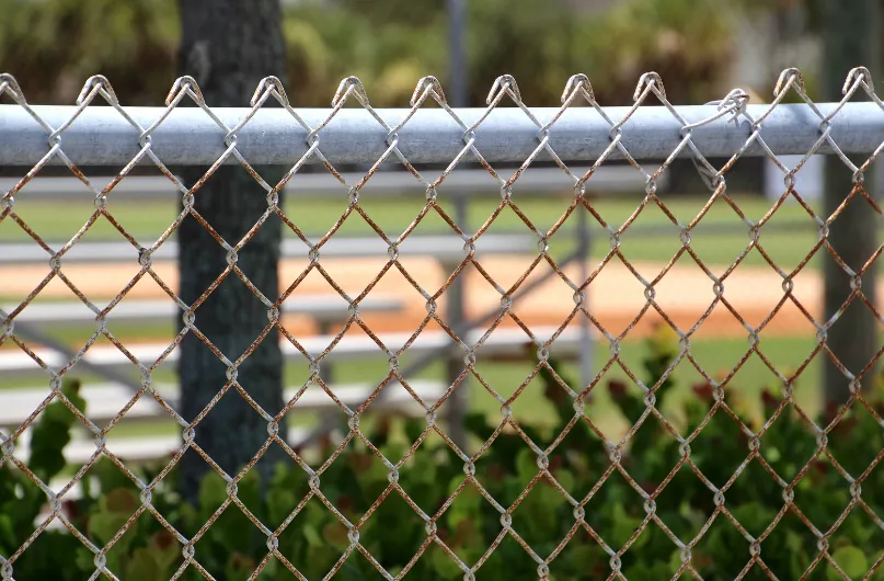 Close-up photograph of a chain link fence with some rust visible on the wire mesh
