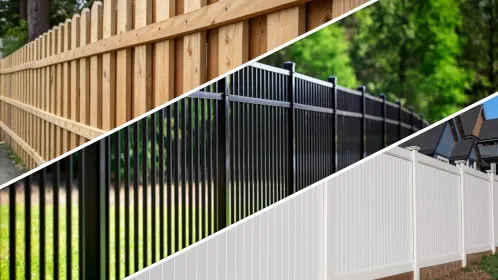 A collage showing three different types of fencing: wood, black metal, and white vinyl