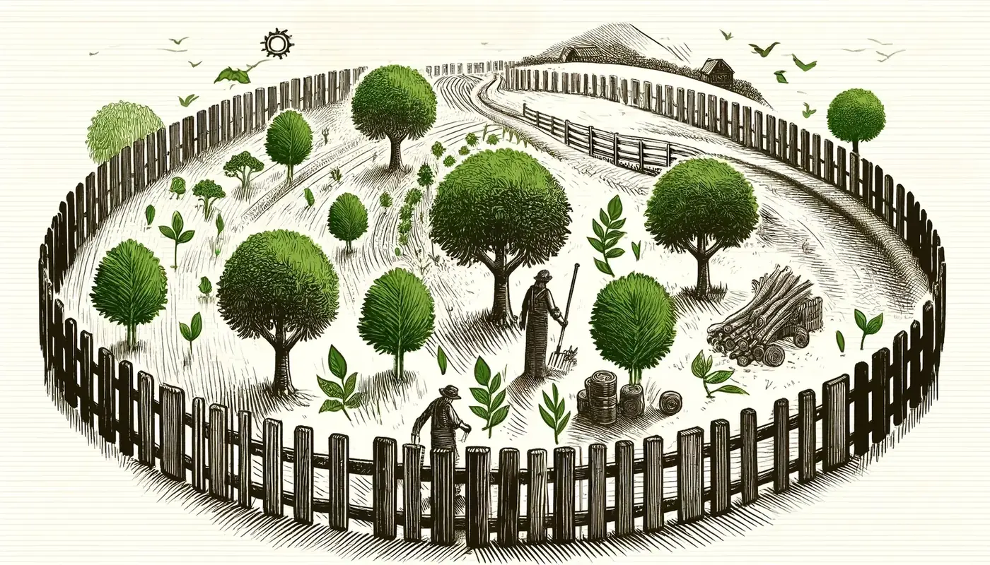 Illustration of a timber-fenced rural block with newly planted trees and stacked firewood