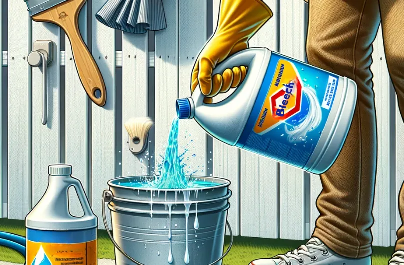 Person wearing gloves pouring bleach into a bucket in front of a vinyl fence