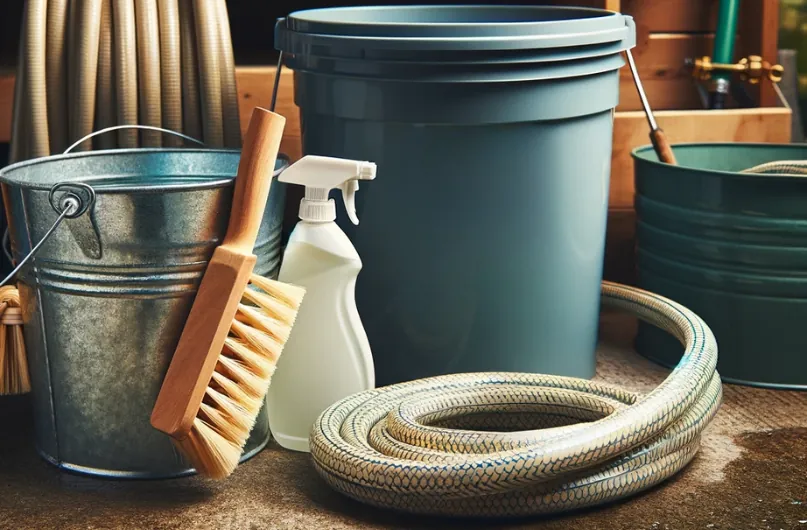 Cleaning supplies for a vinyl fence including buckets, a soft scrub brush, a spray bottle and a garden hose