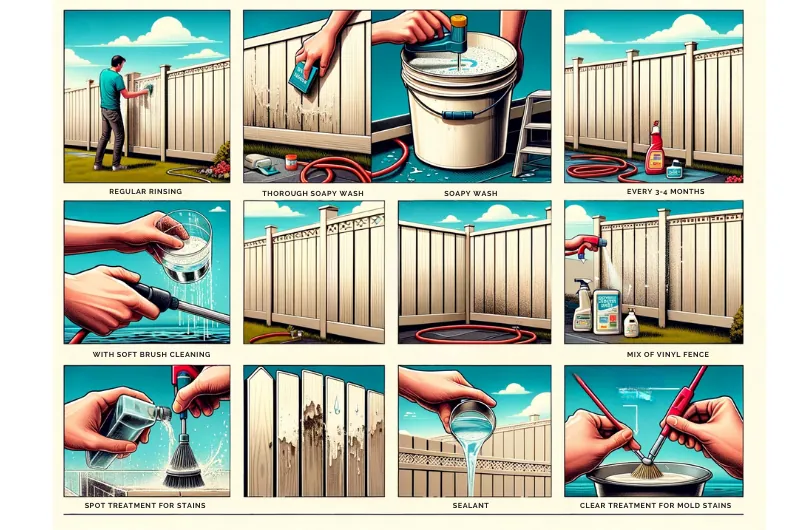 Illustrated steps for cleaning a vinyl fence: regular rinsing, soapy wash, soft brush cleaning, spot treatment for stains, sealant and mould treatment