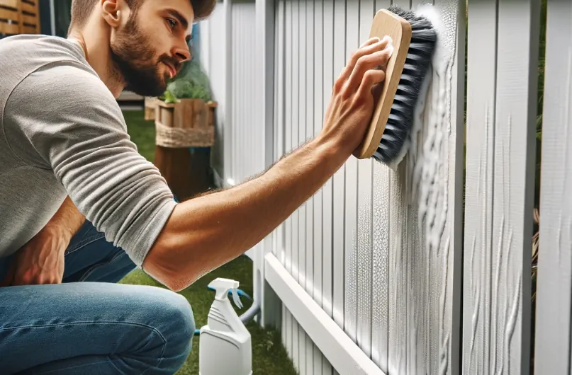 Man scrubbing a white vinyl fence with a soft-bristled brush