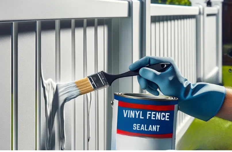 Gloved hand brushing vinyl fence sealant onto a white vinyl fence panel