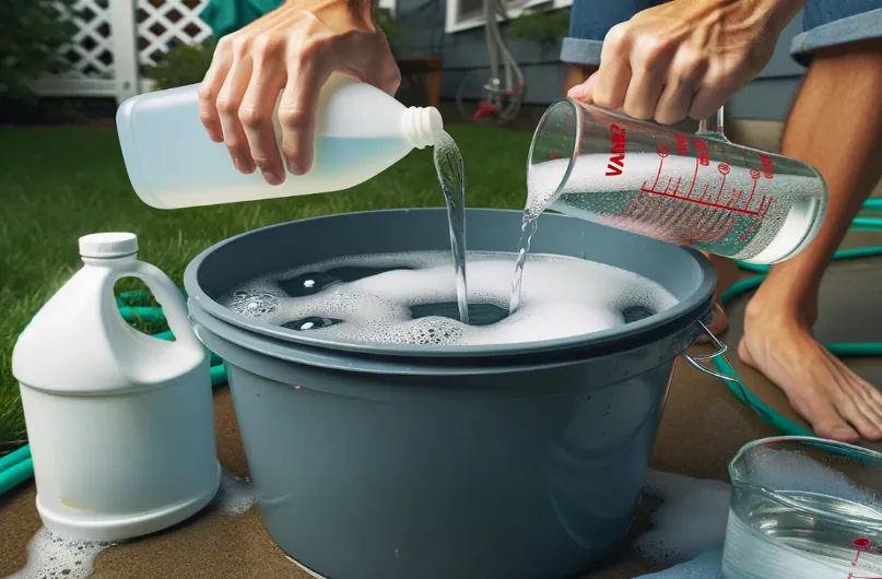 Person pouring liquid soap and water into a bucket to make a vinyl fence cleaning solution