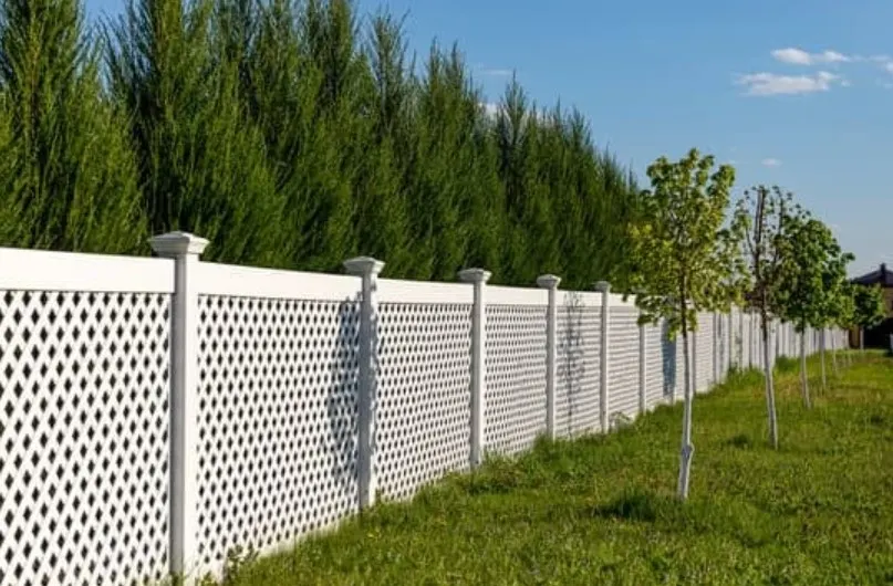 White PVC lattice-top fence running along a lawn beside tall trees