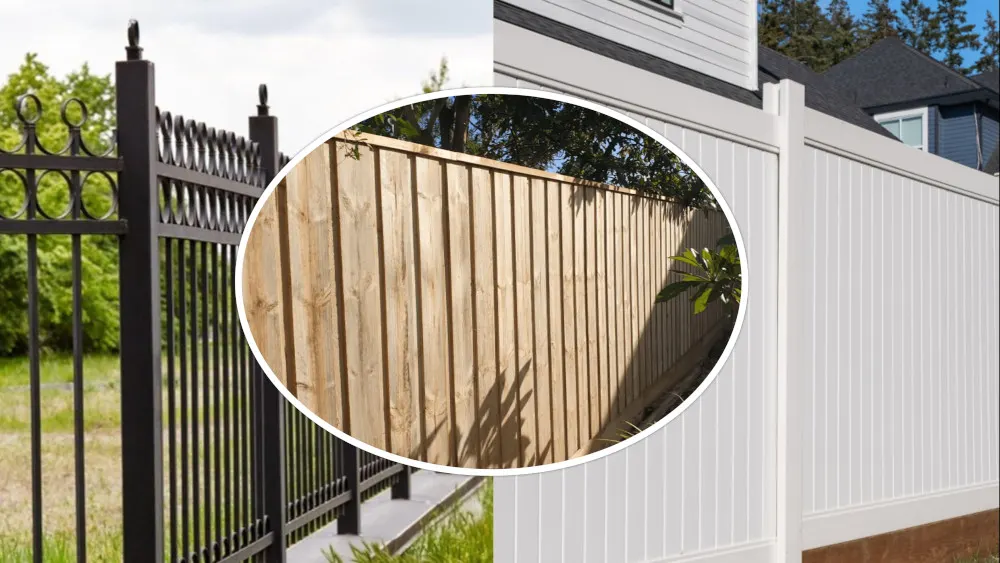 Wood, aluminium and PVC fences side by side comparing fencing materials