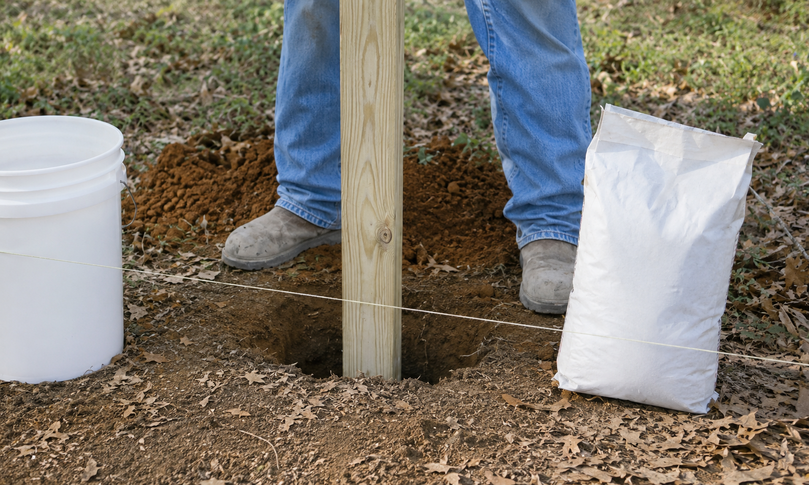 Timber fence post in a freshly dug post hole with a bag of concrete mix beside it